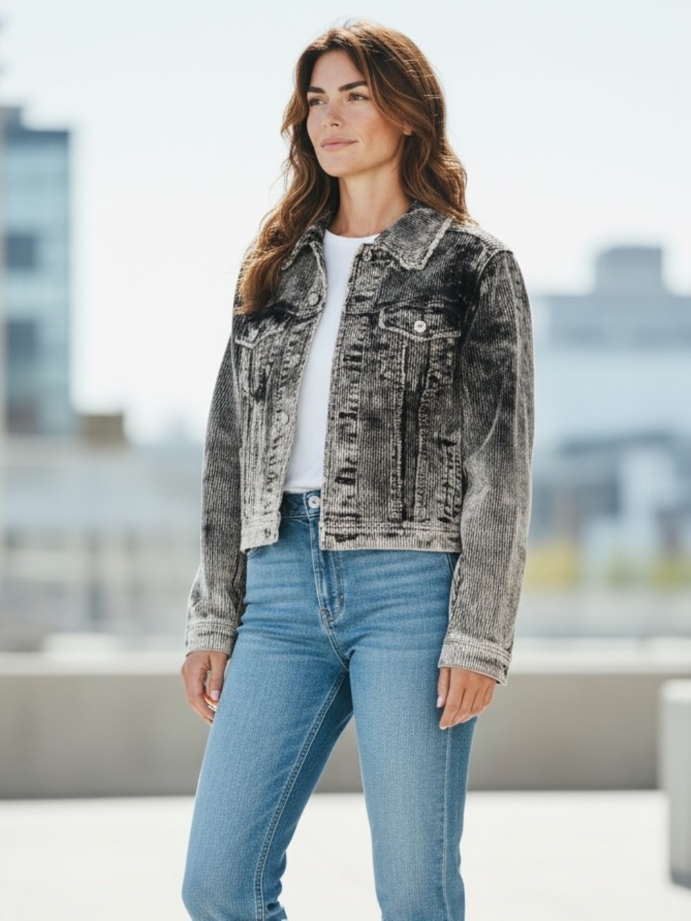 POL Black & White Washed Corduroy Jean Jacket